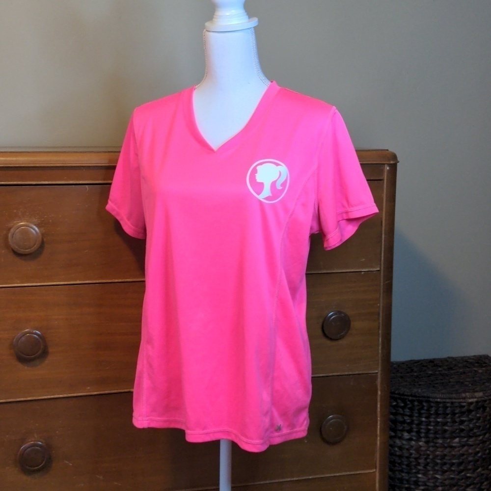 Barbie silhouette Neon PINK V-neck shirt Barbiecore